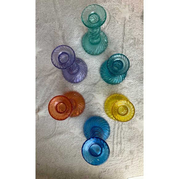 Vintage May Department St. Rainbow colorful glass candle stick holders set of 6 - Picture 5 of 16